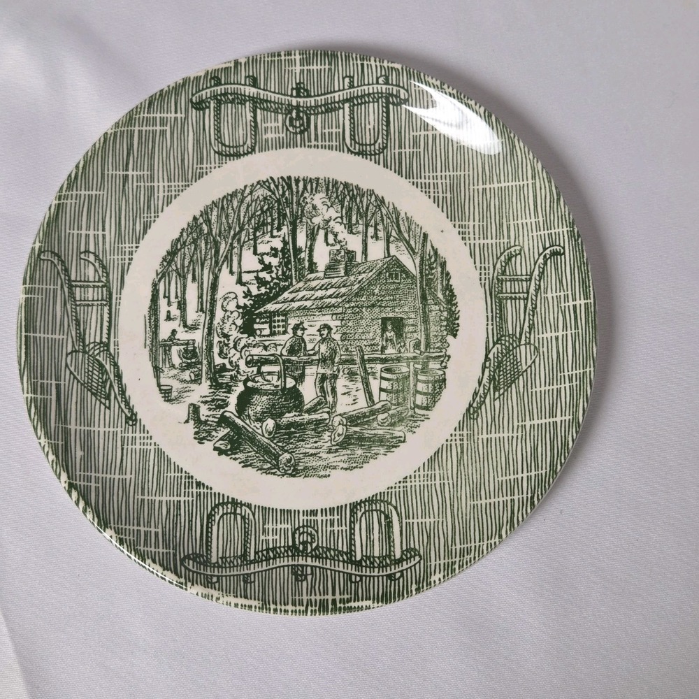 Vintage Green Yoke & Plow Currier Ives Old Grist Mill 6" Bread Plate